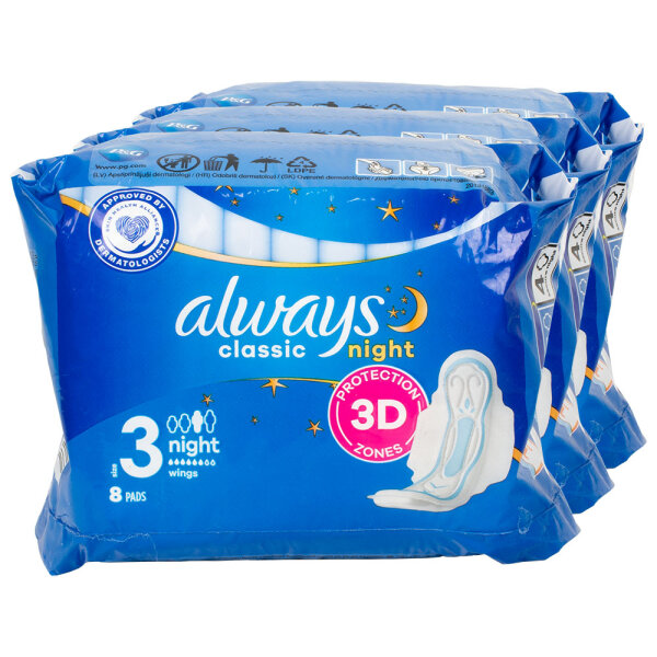 3x ALWAYS Classic Night 3D Damenbinden Gr.3 mit Flügel 8 Stk