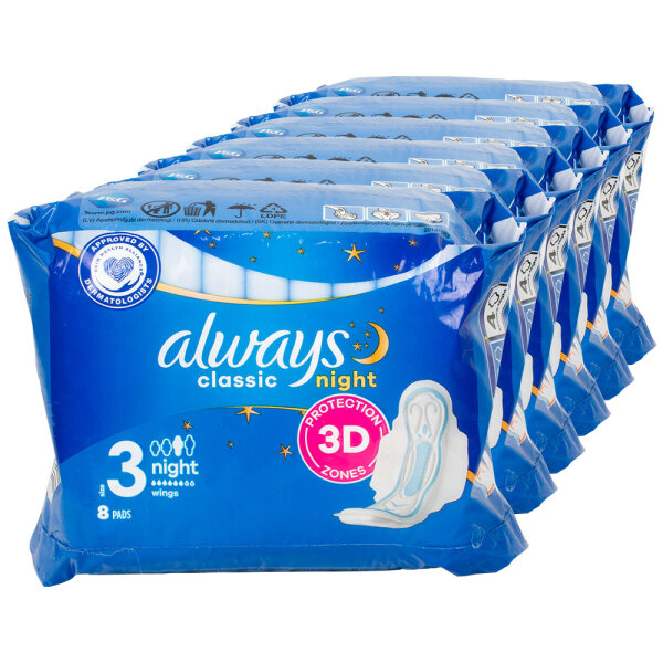 6x ALWAYS Classic Night 3D Damenbinden Gr.3 mit Flügel 8 Stk